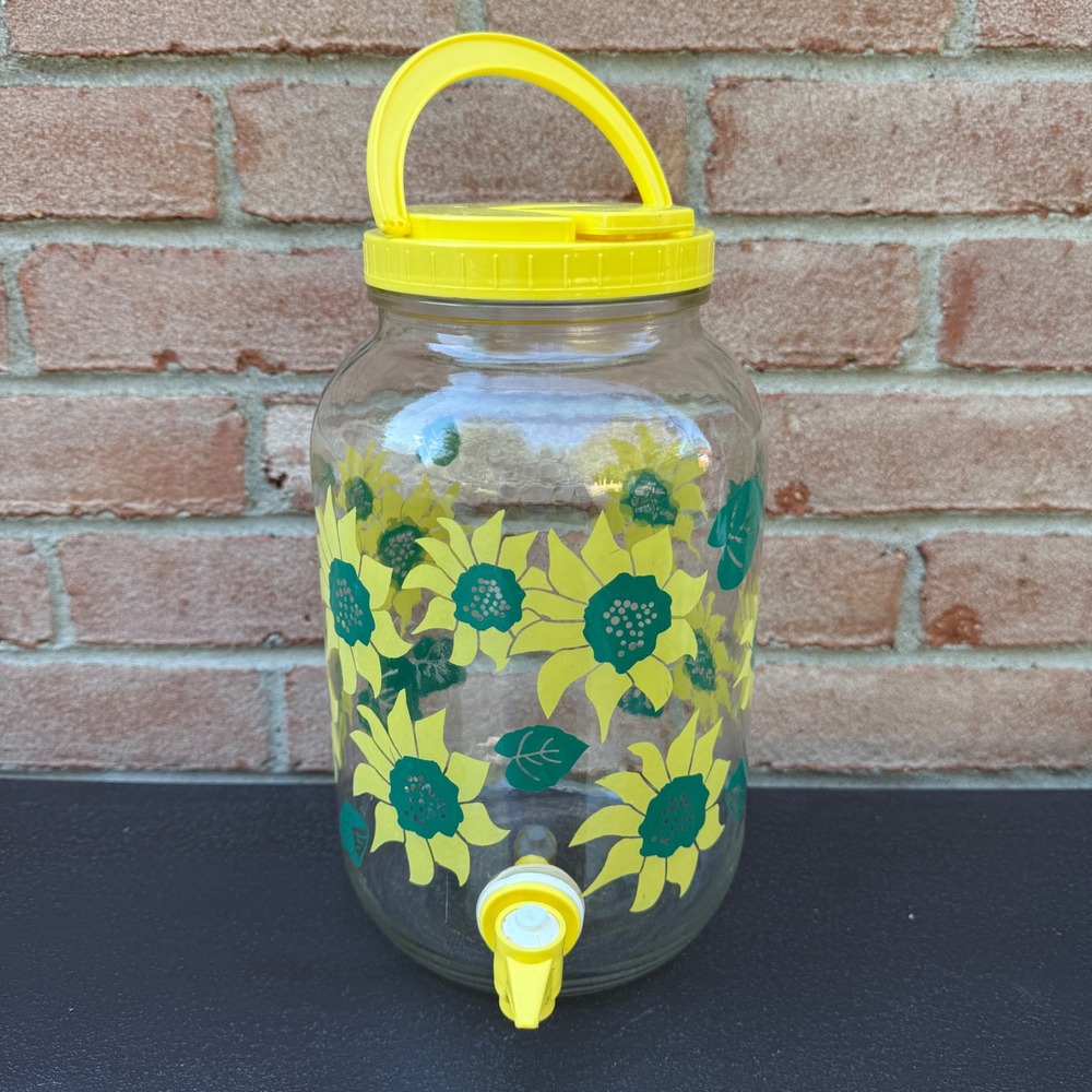 Vintage 80s Sunflower 1 Gallon Glass Sun Tea Jar Drink Dispenser Yellow